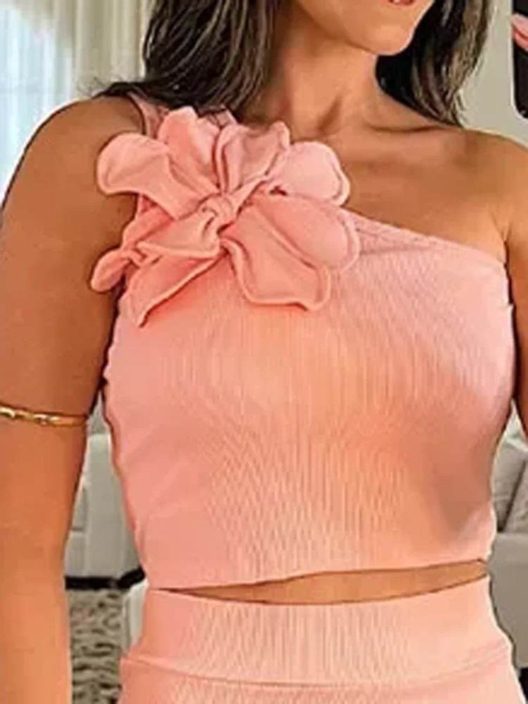 

Elegant Slant Shoulder Pullover and Skirt Suits Women Sexy Wrap Hip Skirt Outfits Fashion Flower Embellished Slim 2 Piece Sets