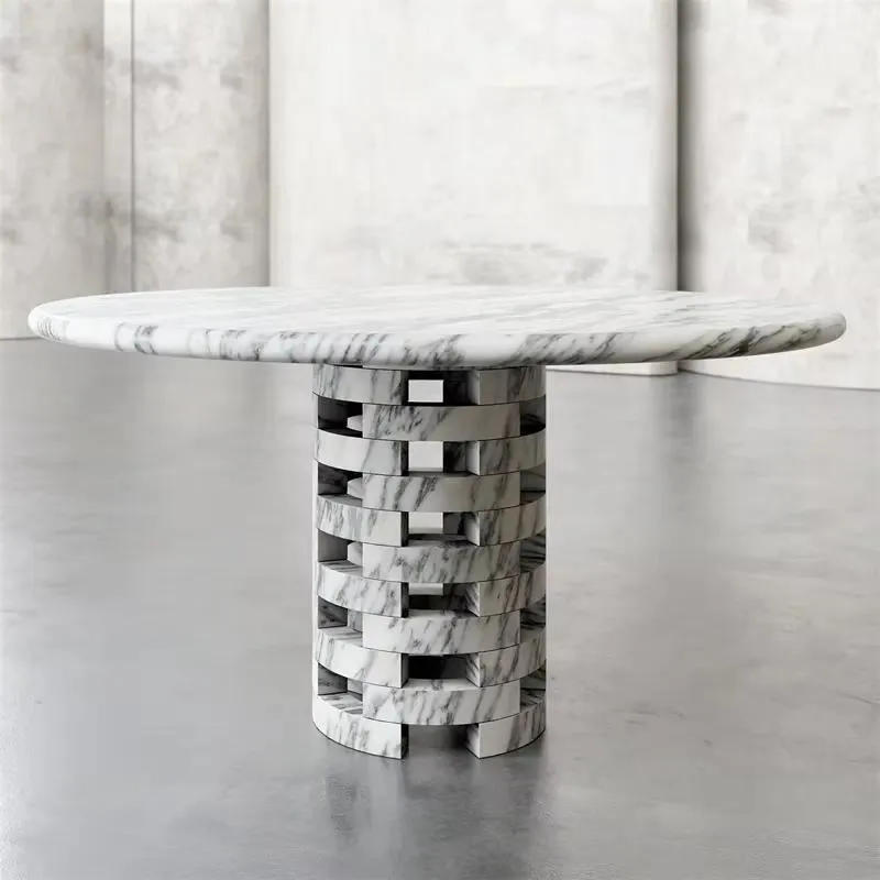 Ultra Modern Minimalist Round Dining Table Travertine Gray Marble Concrete Texture Furniture