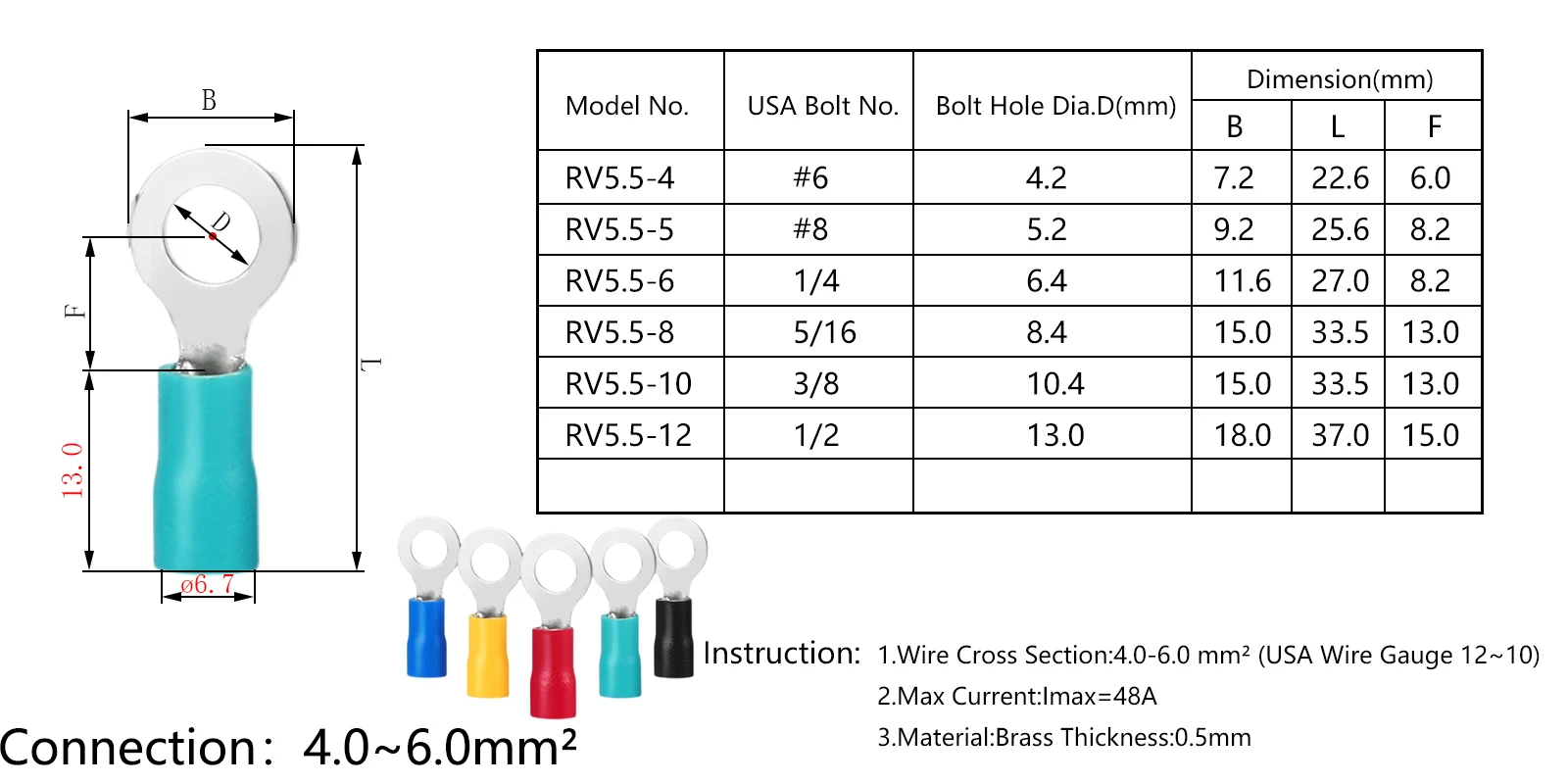 Ring Insulated Cable Lug RV5.5-6 M6 AWG12-10 For 4.0-6.0mm Wire Connector Electrical Crimping 30PCS/Pack