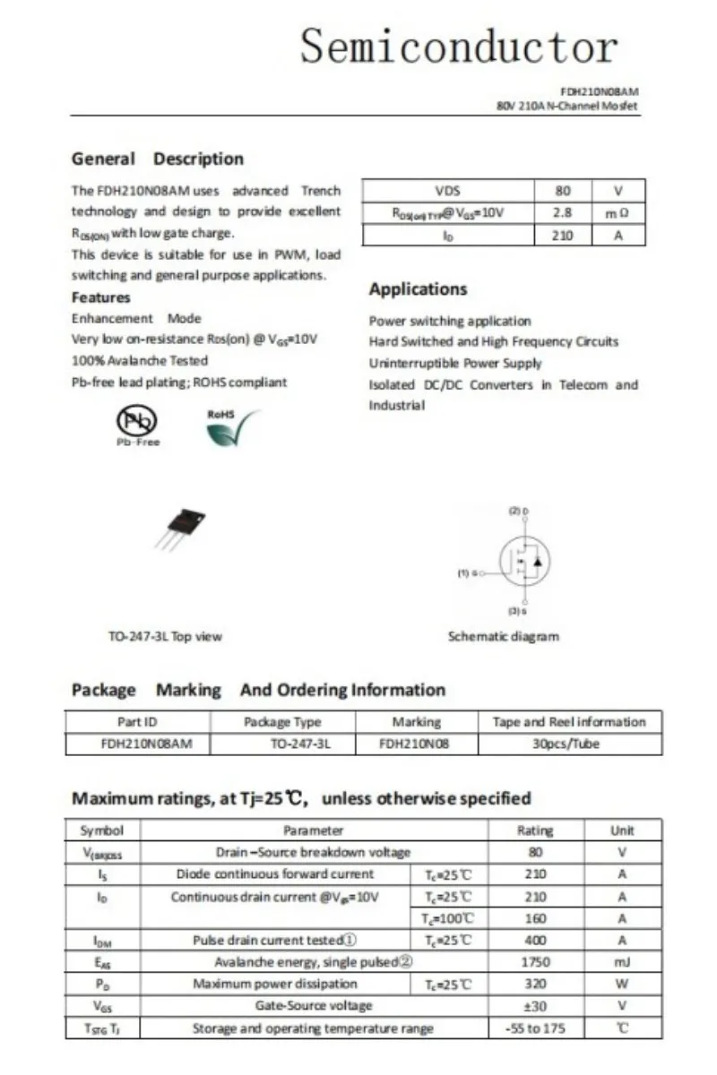 Inversor de alta potência, FDH210N08AM, 24V, MOSFET, 210A, 80V, HY4008W, IRFP2907, 5 PCes
