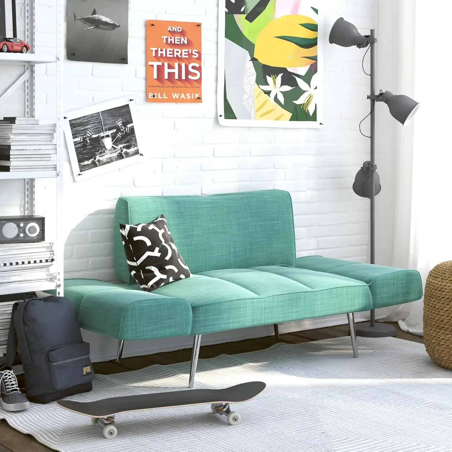 Loveseat com armazenamento de revistas, apoios de braços ajustáveis para convertidos em um sofá-cama, futon verde-azulado