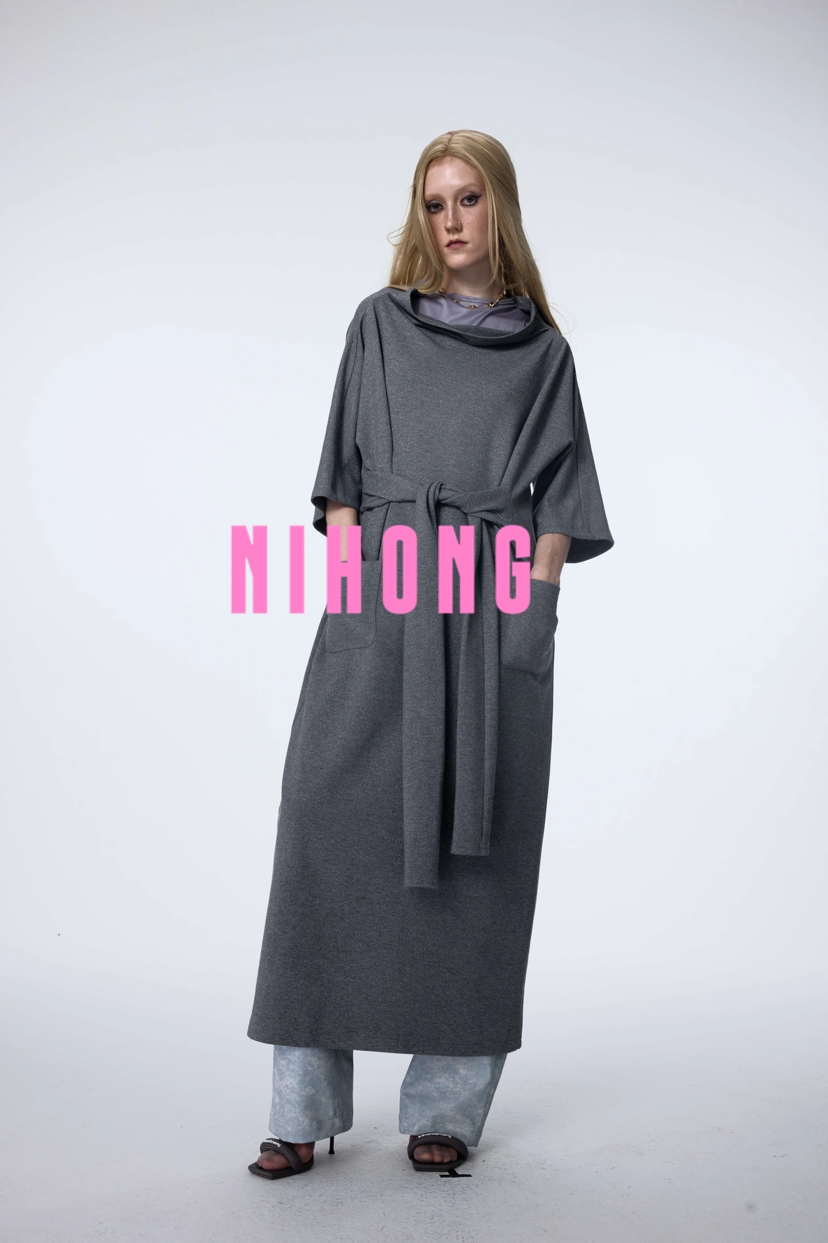 

Neon NIHONG2024AW Women's Hoodie Sle Dr in Thames ey Loose Fit Comfortable H-Line Long Skirt with Waist-Cinching Detail