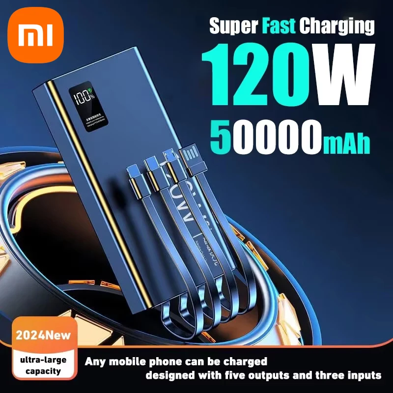 Xiaomi 120W 50000mAh Power Bank  Large Capacity 4 in 1 Fast Charging Cable Portable Battery Charger For iPhone Samsung Powerbank