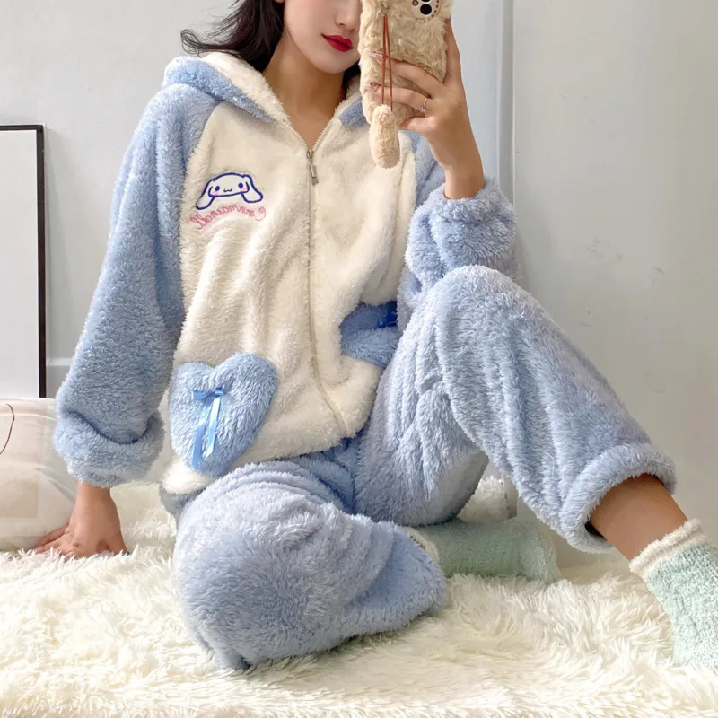 Sanrio Cinnamoroll Plush Zip Up Pajamas Women Autumn Winter Kawaii Sleepwear Hoodie Top And Long Pants Two-piece Set Clothing