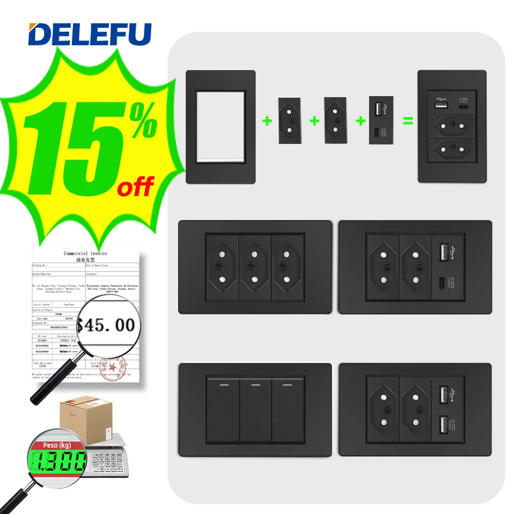 DELEFU Black Fireproof Material PC Panel Tpye-c USB Brazil Standard Wall Socket Package, 3gang Wall Switch, More Discounts.