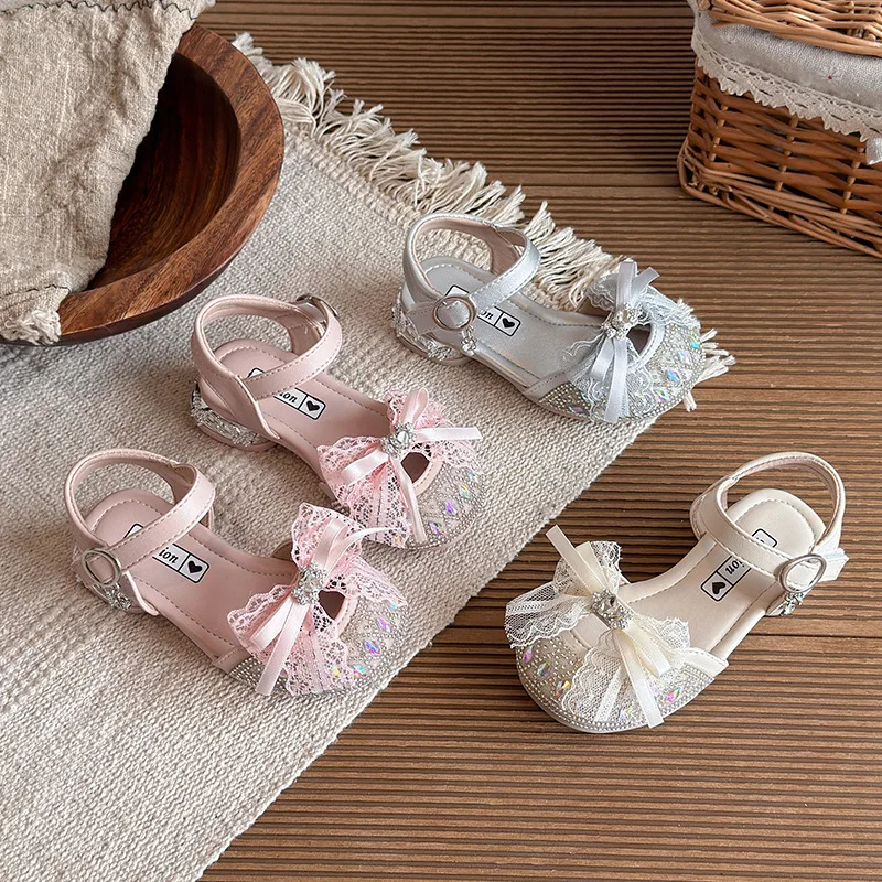 Mumoresip Girls Dance Shoes Sweet Lace Bows Kids Princess Sandals Toes Capped 2026 Summer New Children Casual Sandals Shiny