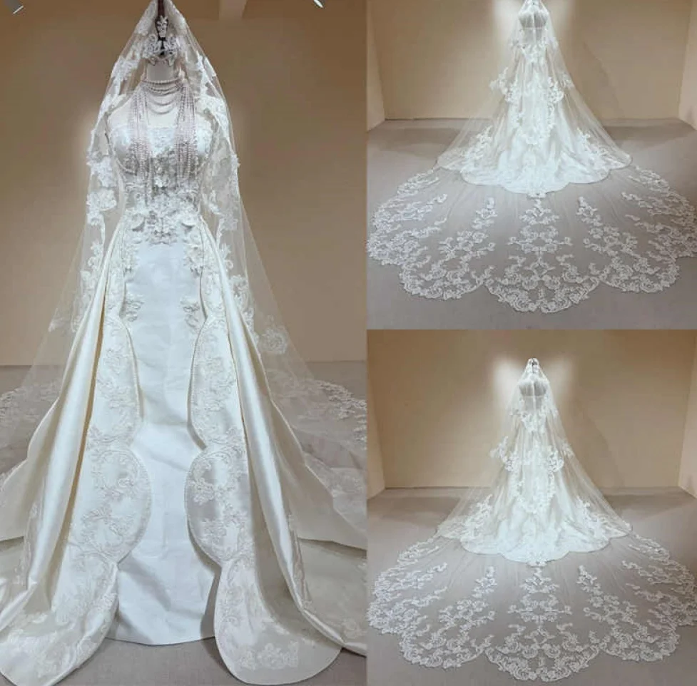 Luxury 3M Long Cathedral Wedding Veil Appliqued Lace Edge With Comb White Ivory Bridal Veils Customized Wedding Accessories