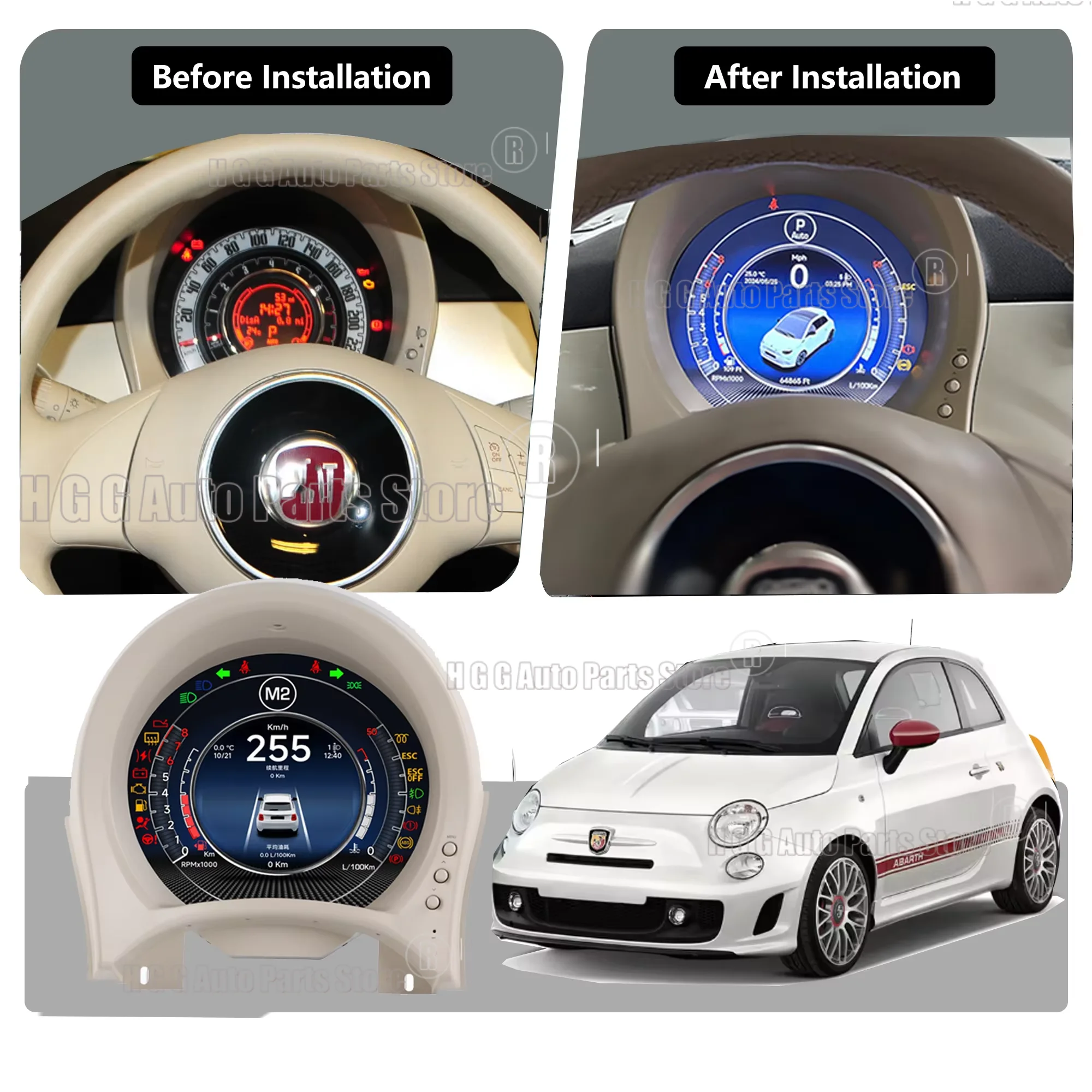 LCD لوحة القيادة العنقودية الرقمية لشركة فيات 500 2007-2024 سلسلة سيارة نظام تحديد المواقع نافي راديو أندرويد 14 مشغل وسائط متعددة فيديو CarPlay ستيريو #5