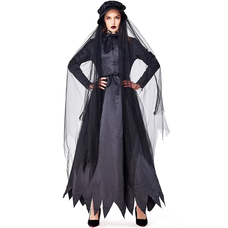 Halloween Scary Ghost Zombie Bride Costume For Women Black Dress With Veil