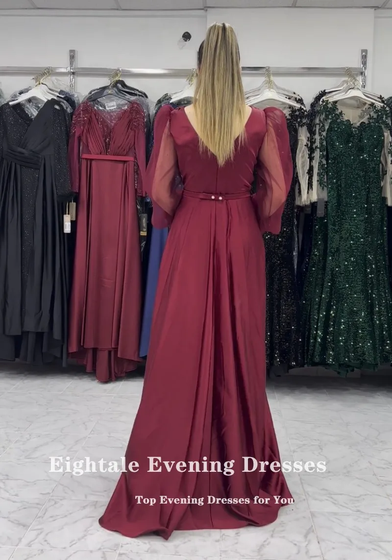 Eightale Burgundy Evening Dresses V-Neck Appliques Beaded Customized Satin Long Sleeves Arabic Party Prom Gown Vestidos De Noche