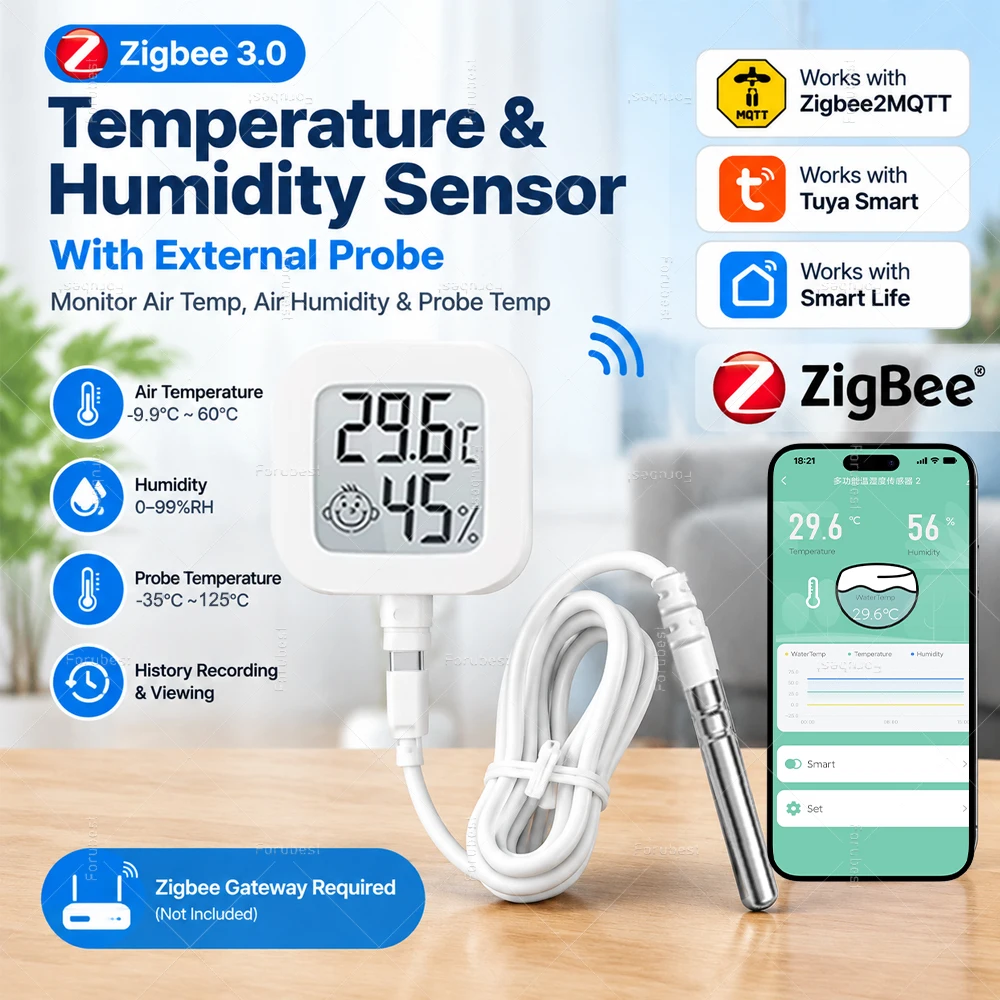 Tuya Zigbee Temperature Humidity Sensor With Temp Probe Sensor Smart Home Digital LCD Screen Thermometer For Fish Tank Freezer