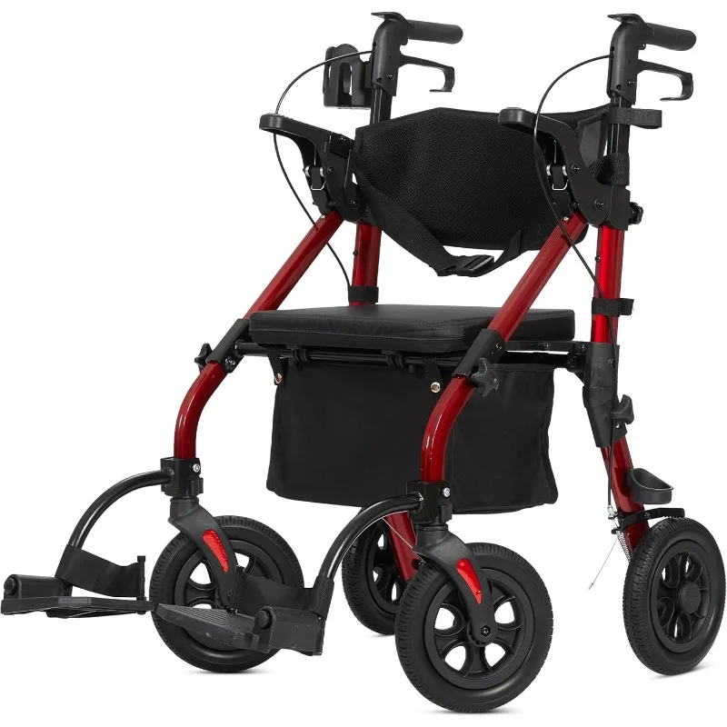 home.Rollator Walker Transport Wheelchair Combo, 2 in 1 Rolling Walker with Padded Seat and Wide Backrest, Red