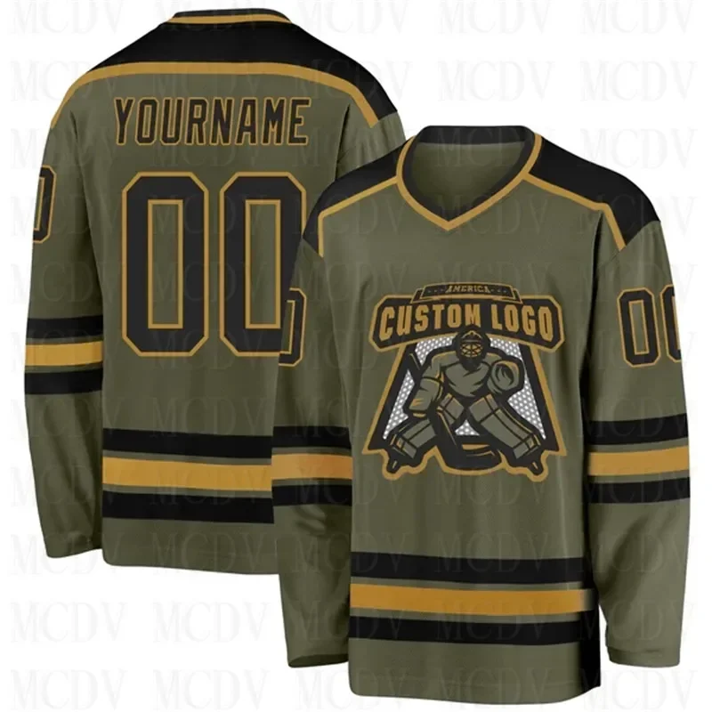 Custom Olive Camo Black- Salute  3D Print You Name Number Youth Mens Women Ice Hockey Jersey Competition Training Jerseys