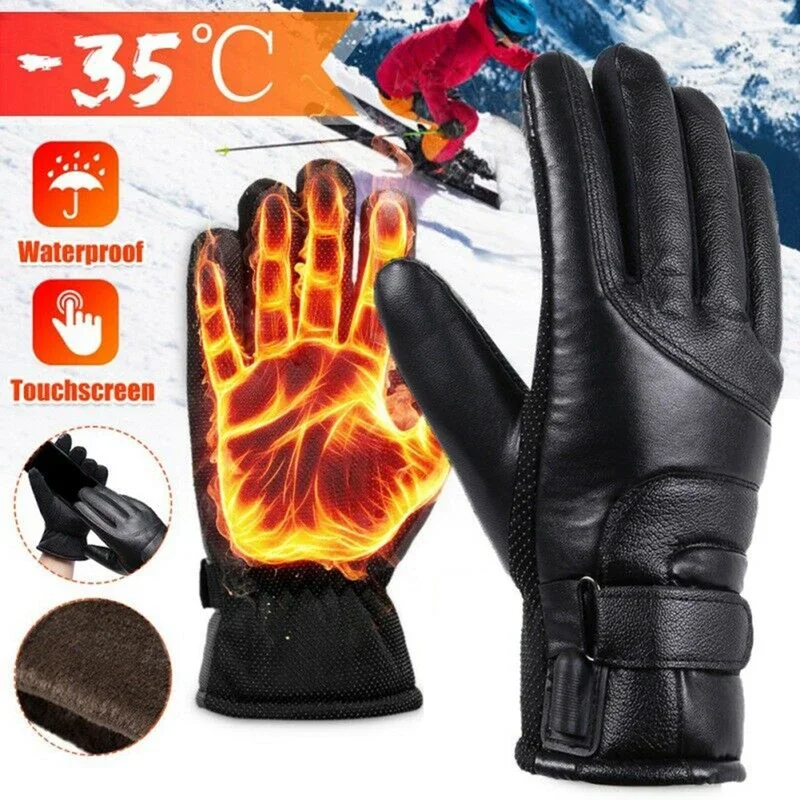 1pcs USB Rechargeable Heating Leather Gloves Winter Waterproof Heated Snowboard Gloves Outdoor Hand Warmer Motorcycle Gloves