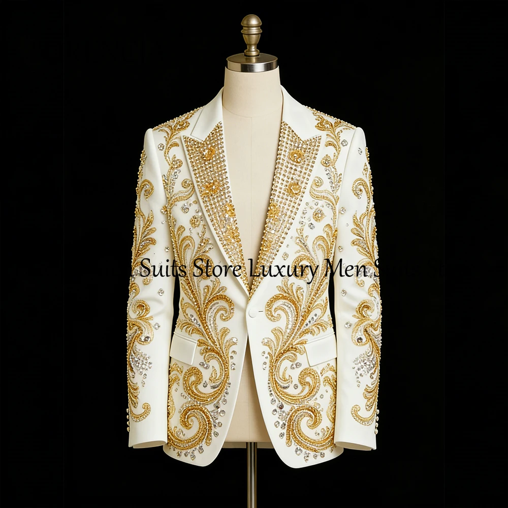 

Luxurious Rhinestone Men Suits 2 Pieces Sparkling Tuxedos Set Wedding Party Outfits Customized Blazer Pants trajes para hombre