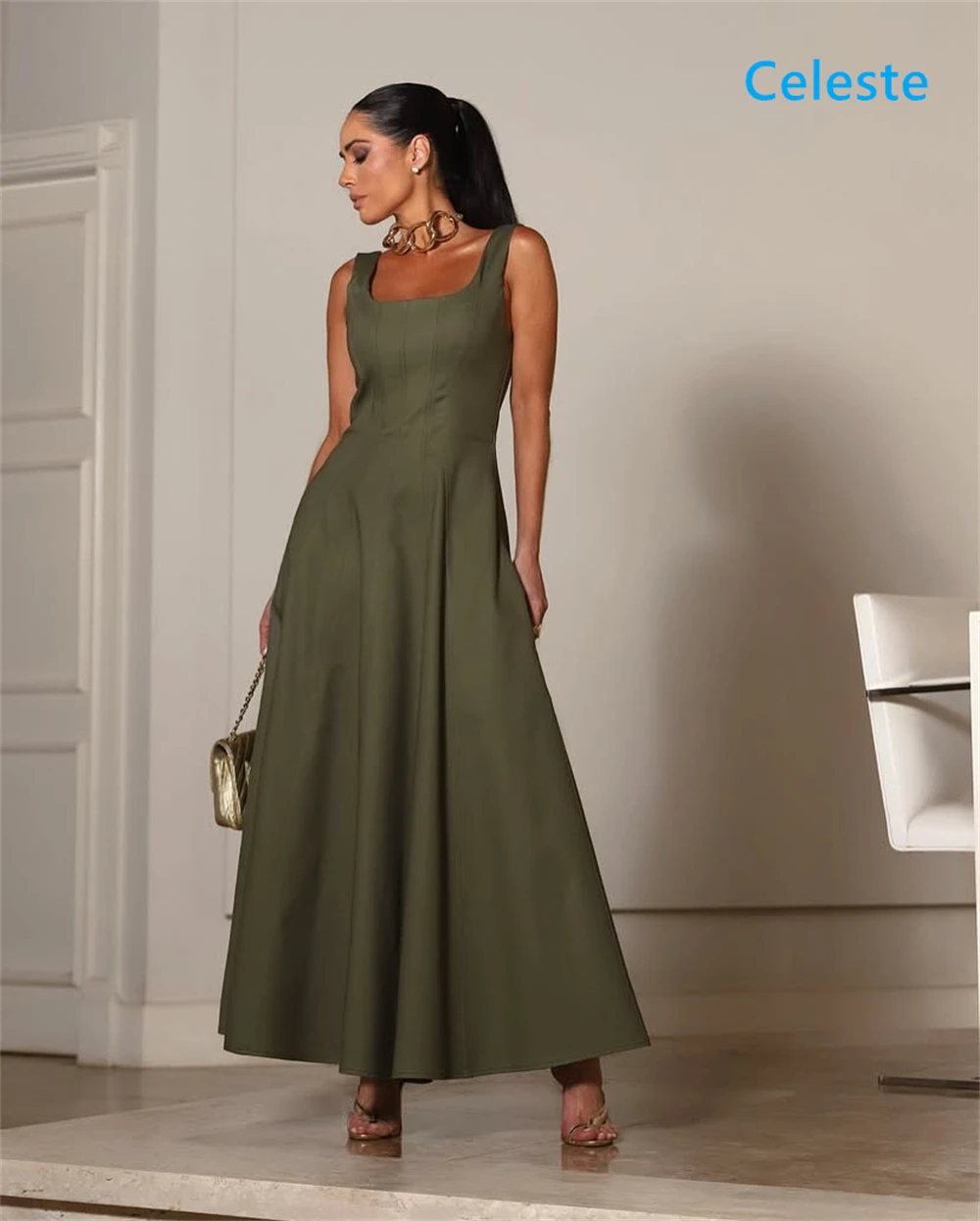Customized Simple Green Jersey Evening Dress Classic Square Collar Sleeveless Homecoming Dresses Fashion Vestido De Festa