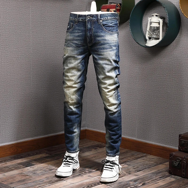 Fashion Designer Men Jeans High Quality Retro Blue Washed Elastic Slim Fit Ripped Jeans Men European Vintage Denim Pants Hombre