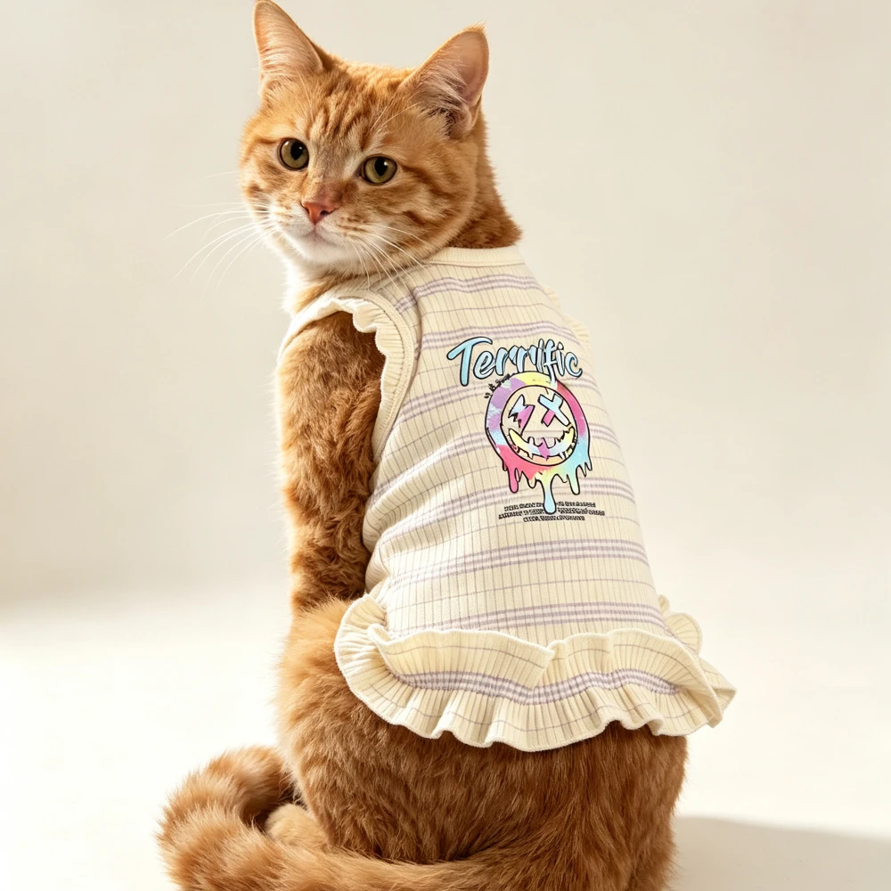 1PC Cute Ruffled Striped Summer Dog Tank Top Breathable Ribbed Knit Puppy Vest Sweet Frilly Pet Clothes for Small Dogs