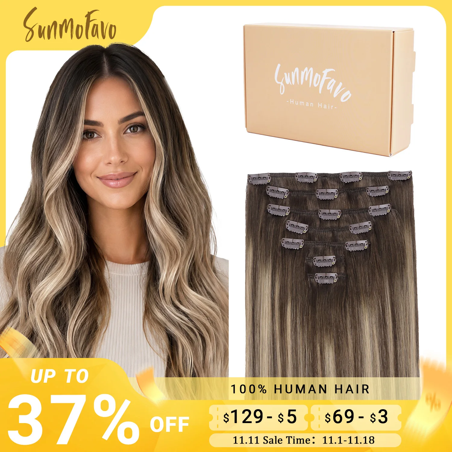 Seamless Clip In Hair Extensions Human Hair - وصلات شعر بشري من سونموفافو بنمط