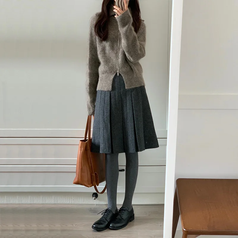 امرأة الصوفية النسيج مطوي تنورة الخريف الشتاء تنورة تخفيف ألف خط تنورة فتاة عالية الخصر تنوعا مزاجه الأوسط تنورة