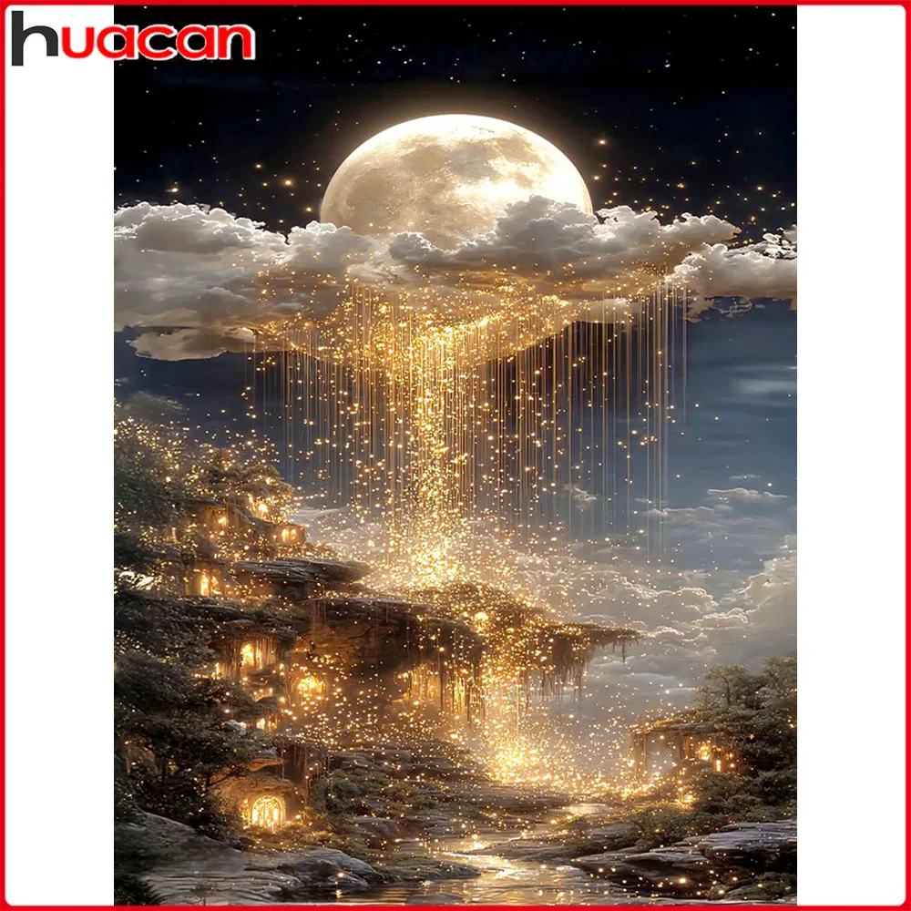 Huacan DIY Diamond Painting Moon Tree House Diamond Mosaic Landscape Complete Kit Decorative Paintings