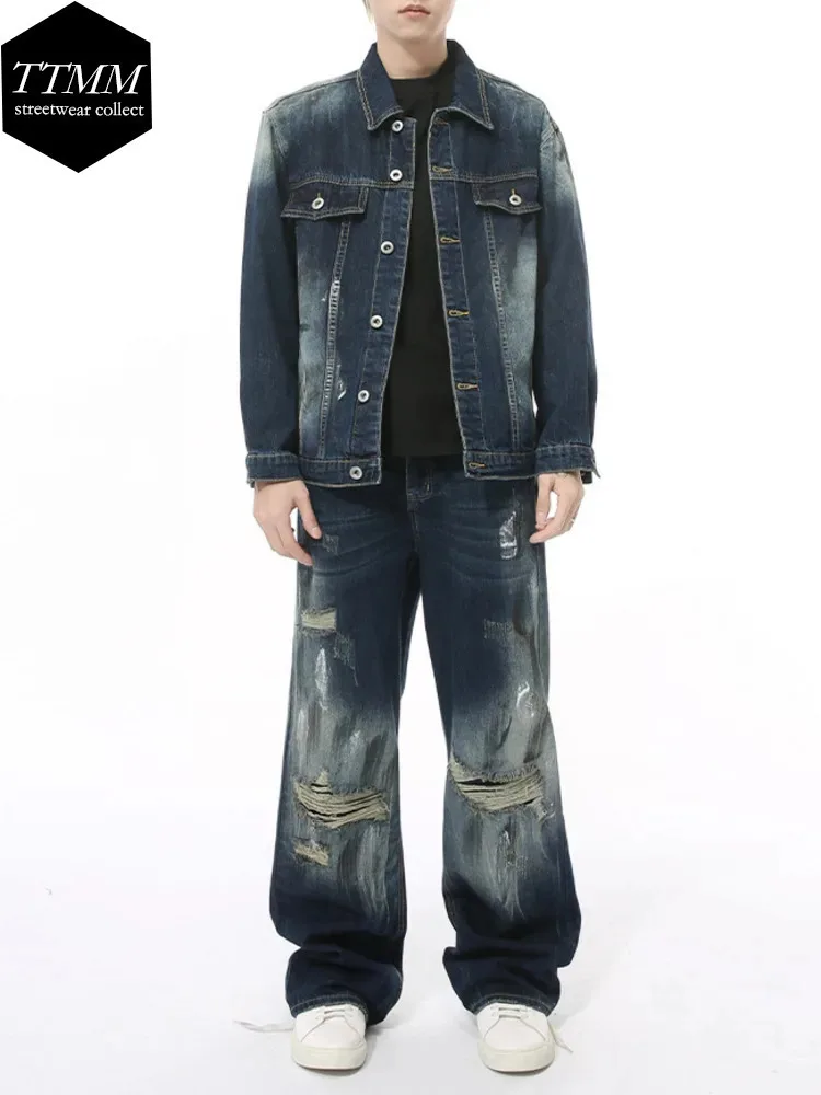 Men's Wear | Autumn New Product Personalized Vintage Fashion Dirty Stained Hole Washed Denim Set