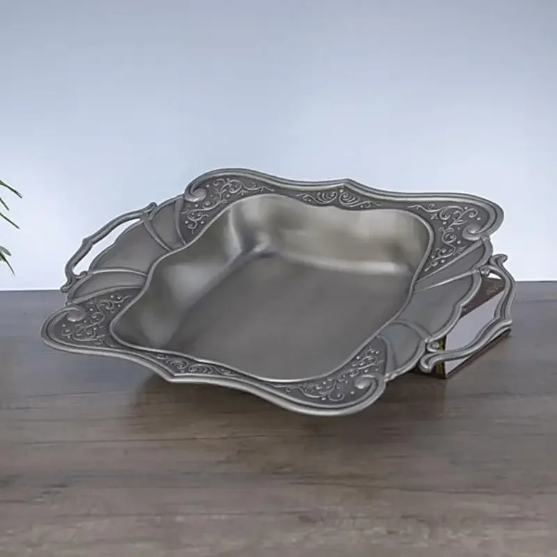 Decorative Metal Fruit Serving Tray with Embossed Border, Silver Snacks Display Platters with Handle for Coffee Table, and Y5GB