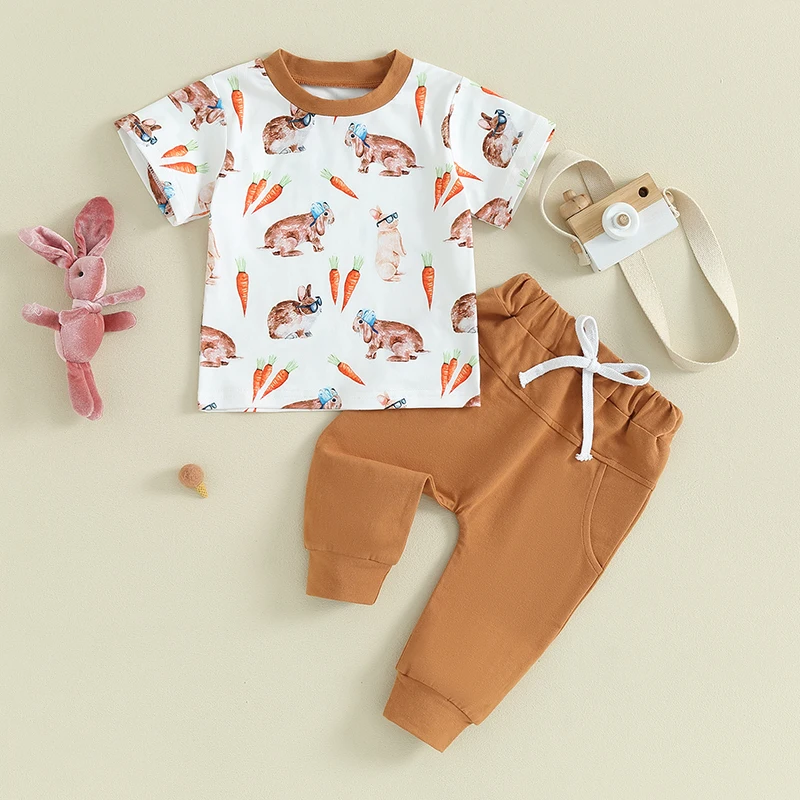 

2023-11-24 Lioraitiin Toddler Boy Easter Outfits Carrot Rabbit Print Short Sleeve T-Shirts Elastic Waist Long Pants Clothes Set