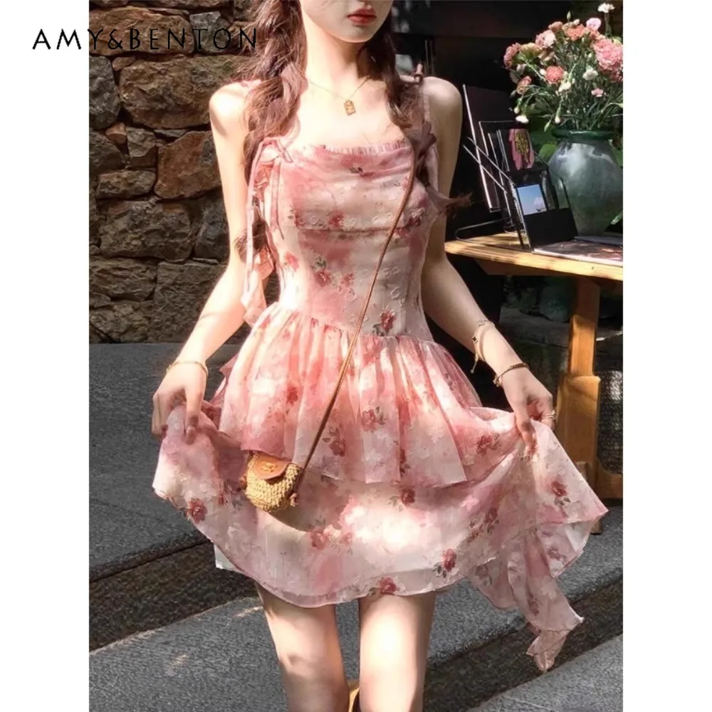 

2025 Summer Sweet and Spicy Irregular Red Floral Slim-fit Suspender Short Dress Girlie Small Fresh Daily High Waist Dress