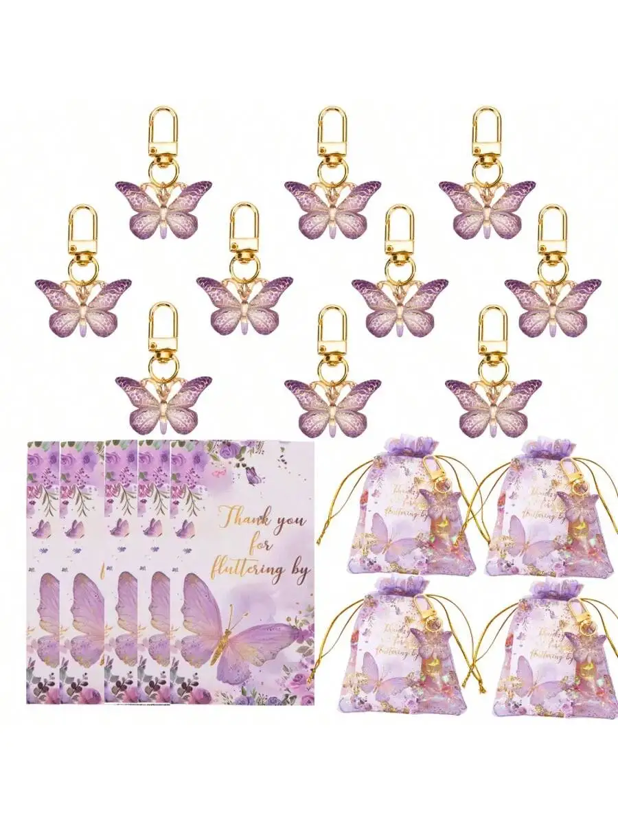 36 Stück, Schmetterlings-Schlüsselanhänger-Geschenkset, 12 Stück lila Acryl-Schlüsselanhänger, 12 braune Karten und 12 Stück Organza-Kordelzugbeutel, Geschlecht – Detail 2