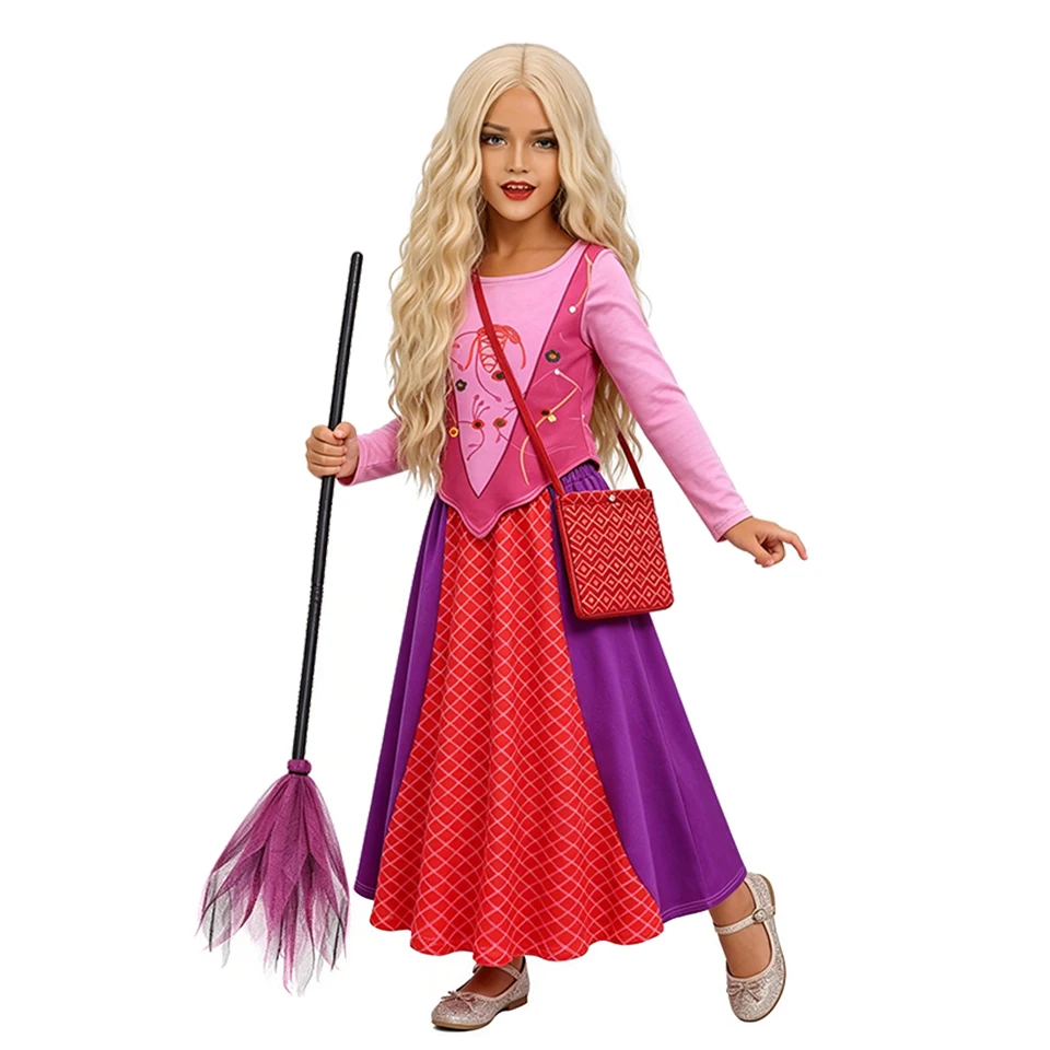 2Pcs Sanderson Sister Mary Witch Girls Clothes Halloween Cosplay Hocus Pocus Masquerade Performance Carnival Children's Costume