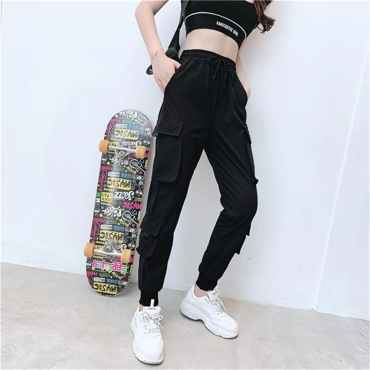 Celana kargo wanita, celana kargo hitam, celana joging pinggang tinggi longgar, celana Hip Hop Korea, celana Punk lucu