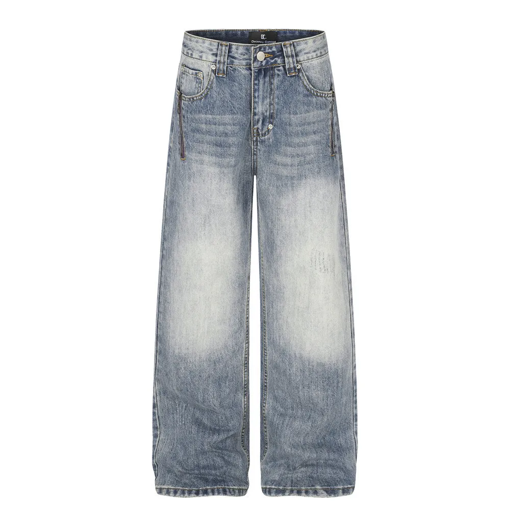 MWJLPWQ American-Style Washed Distressed Wide-Leg Jeans Men Trendy Pocket Zipper Design Unique Loose Straight-Leg Trousers 20966