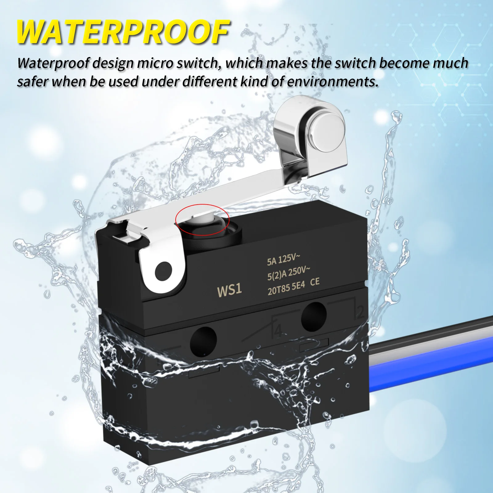 2PCS Micro Limit Switch with Roller Lever 6A 12V DC Waterproof Sealed Lever Microswitch SPDT 3 PIN 5A 250VAC with Pre-Wired