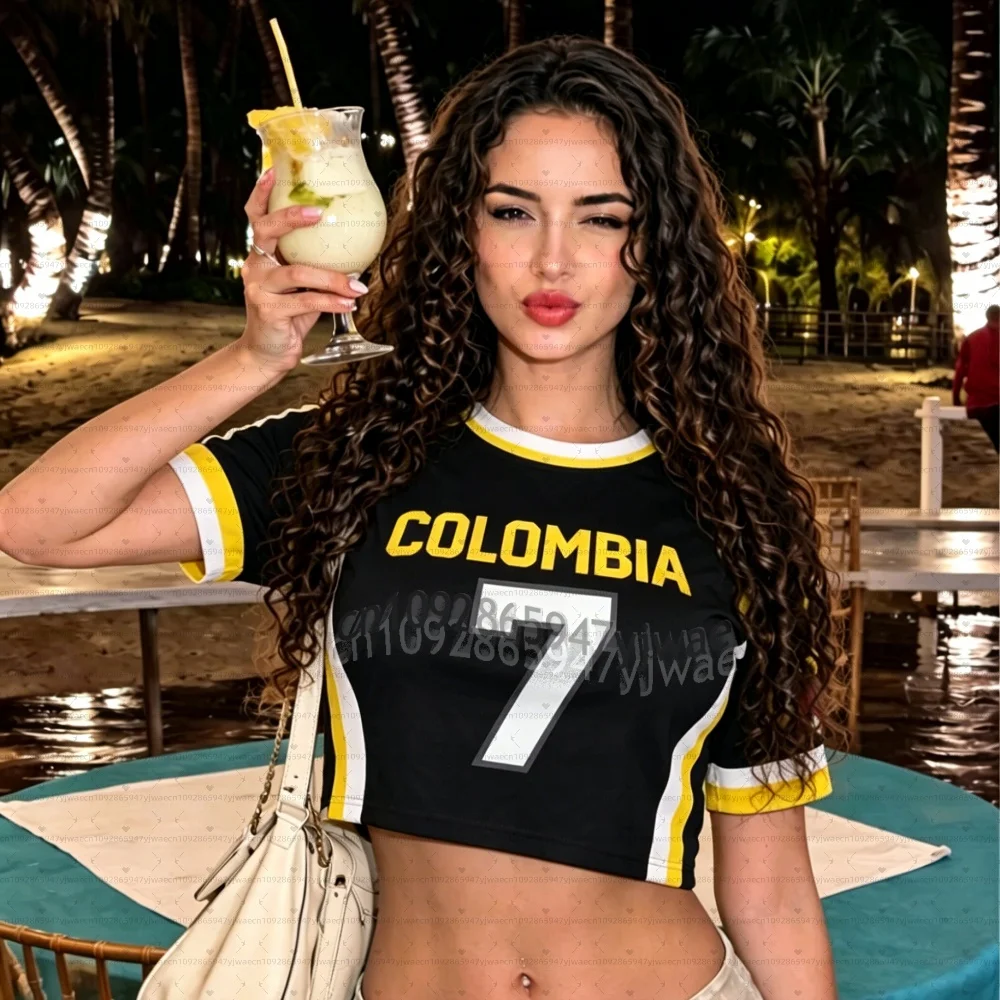 Women's men Cheerleader uniforms Football Jersey, Colombia Soccer Crop Top Jersey, Summer Casual Streetwear Tee For soccer Fans