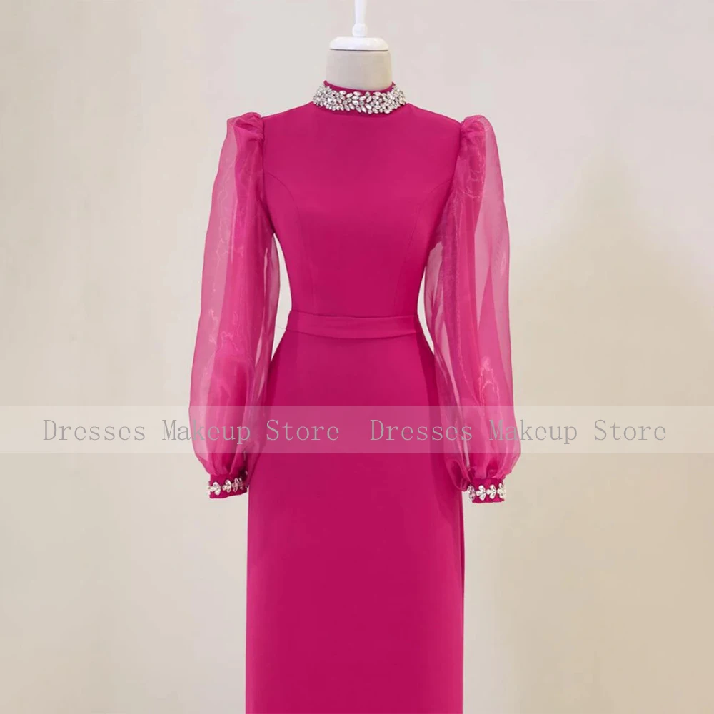 Robe de Bal Rose à Manches Bouffantes pour Femme, Tenue de Soirée Élégante, Col Haut, Colonne, Fourreau, Ceinture, 2024