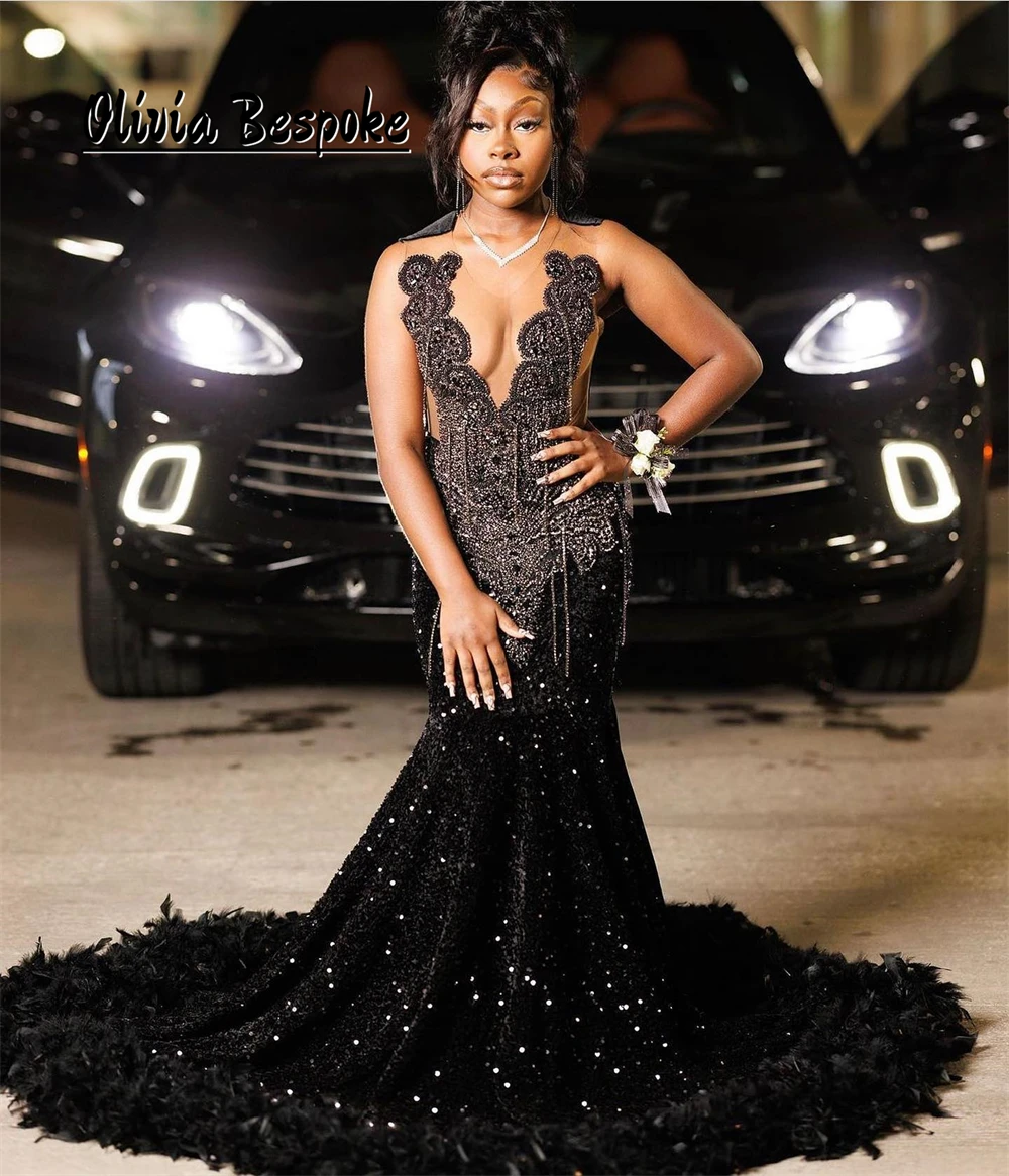 

Luxury Black Sequin Mermaid Prom Dresses 2025 Beaded Rhinestones Tassels Feathers Elegant Evening Gown Black Girls Customized