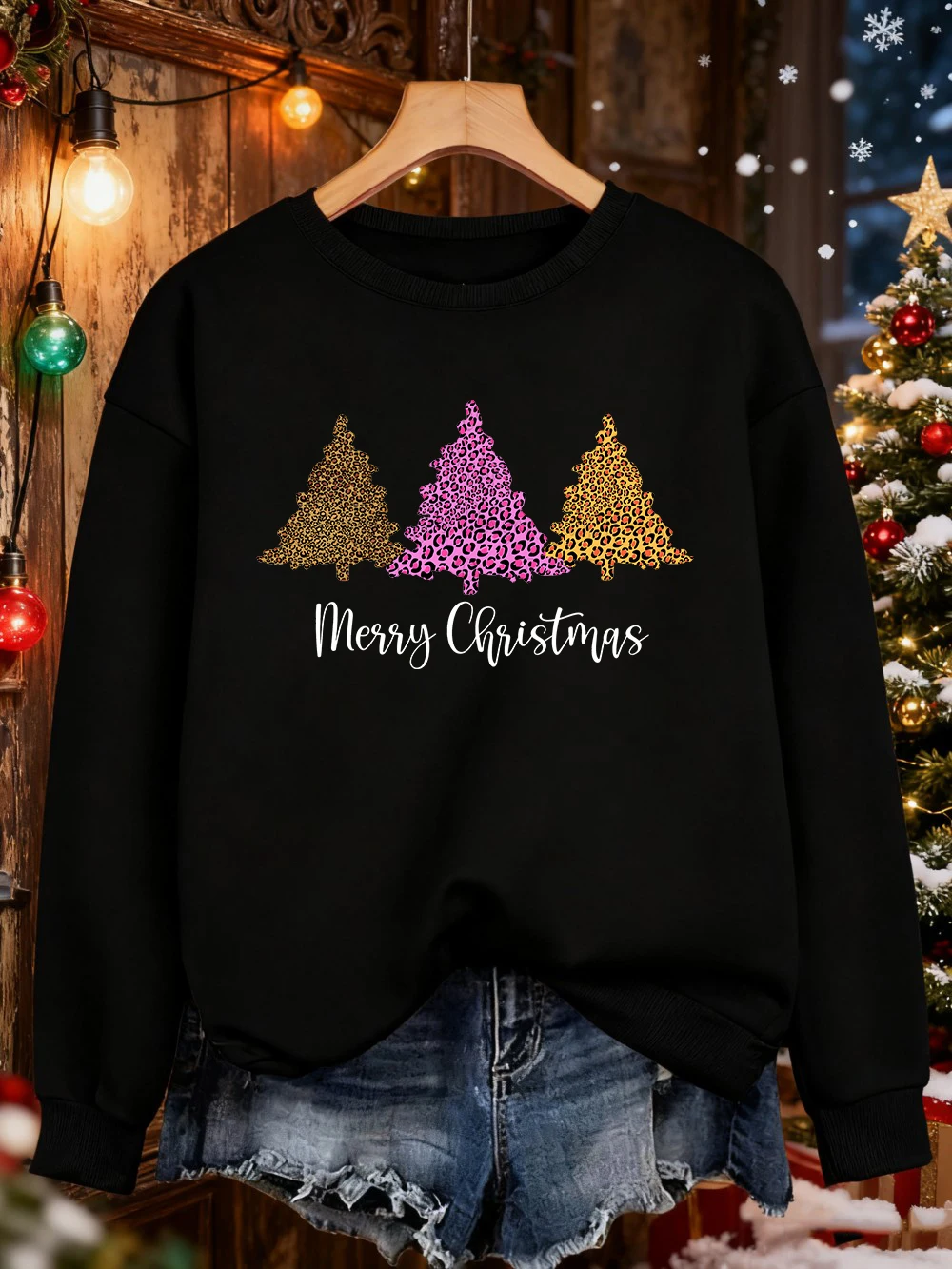 メリークリスマスヒョウツリープリントスウェットシャツ女性フリース暖かいベーシックパーカークルーネックルーズトップス冬カジュアルレディース服