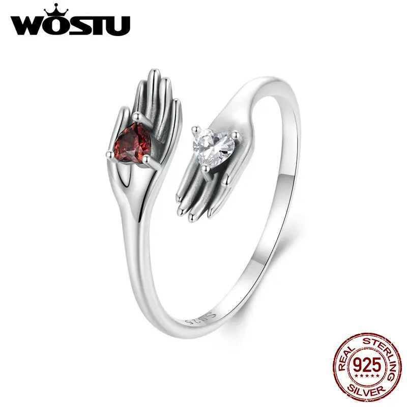 WOSTU 925 Sterling Silver Double Heart Zircon Hand Opening Ring Women Family Lover Gaurd Rings Special Birthday Gift For Girl