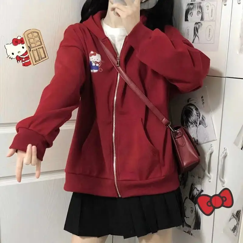 Sanrio Hello Kitty Female Student Korean Version Loose Hooded Cardigan Cute Sweet Y2k Girl Style New Fashion Casual Red Hoodie