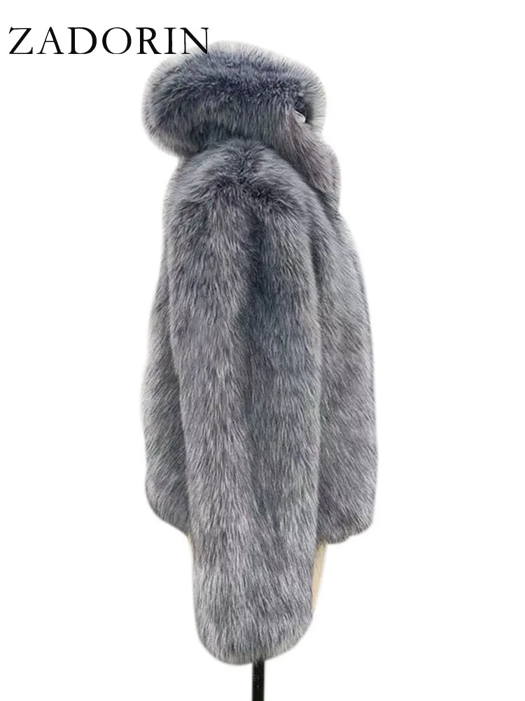 ZADORIN 2024 Thick Warm Winter Jacket Women Fashion Faux Raccoon Silver Fox Fur Coat Hooded Fluffy Faux Fur Jacket Women Outwear