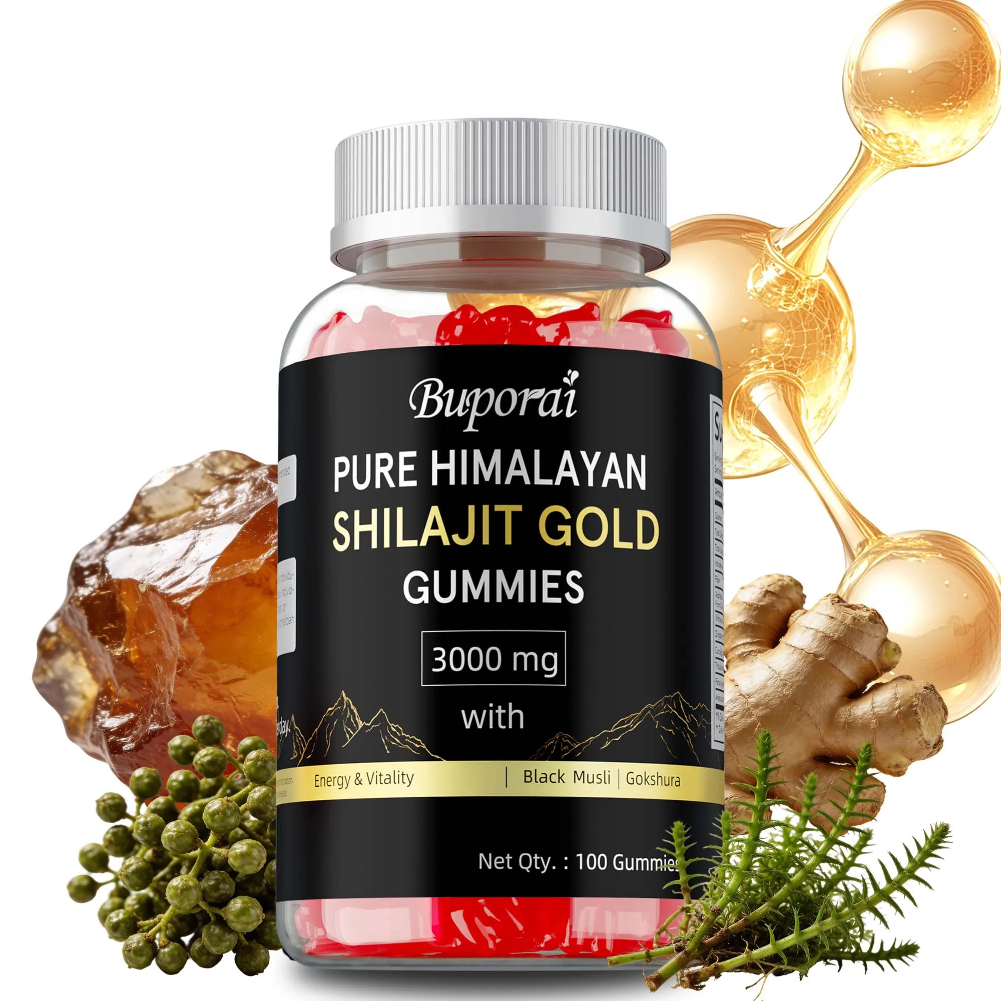 Pure Himalayan Shilajit Gold Gummies Energy Boost Help with Muscle Recovery Reduce Fatigue Supplement Vegetarian Health Care