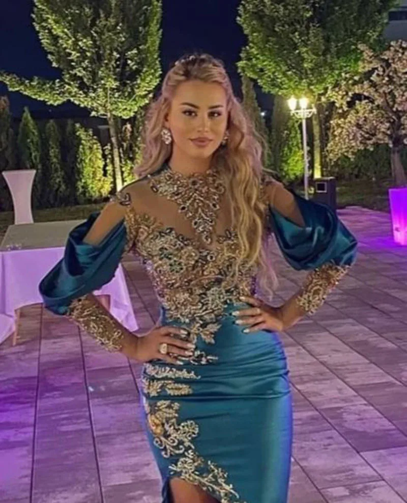 Sparkly Sequins Green Mermaid Prom Dress Sexy Slit Long Sleeves Appliques Lace  Saudi Arabia Formal Evening Party Gowns