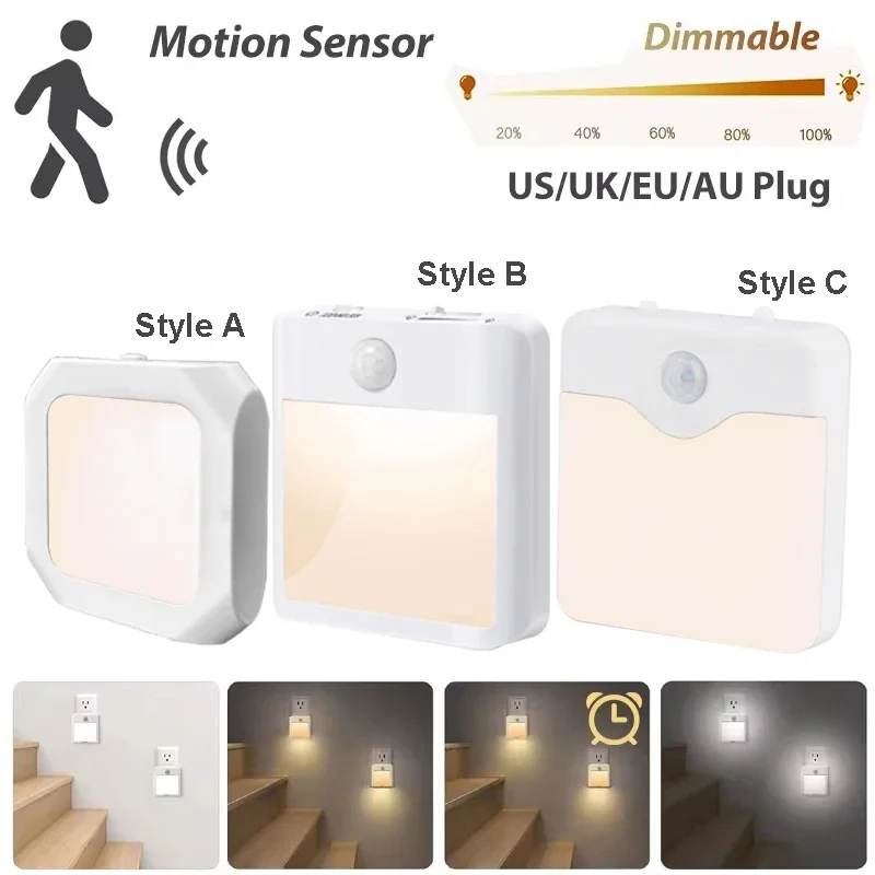 Sensor de movimento luz noturna sem fio led sensor lâmpada eua ue reino unido au plug regulável sensor noite lâmpada para o quarto iluminação noturna