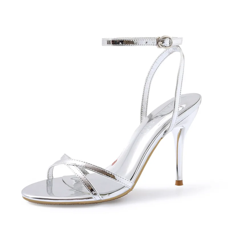 Summer new one-line buckle with open-toe patent leather sexy silver strap sandals large size small size high-heeled women's shoe