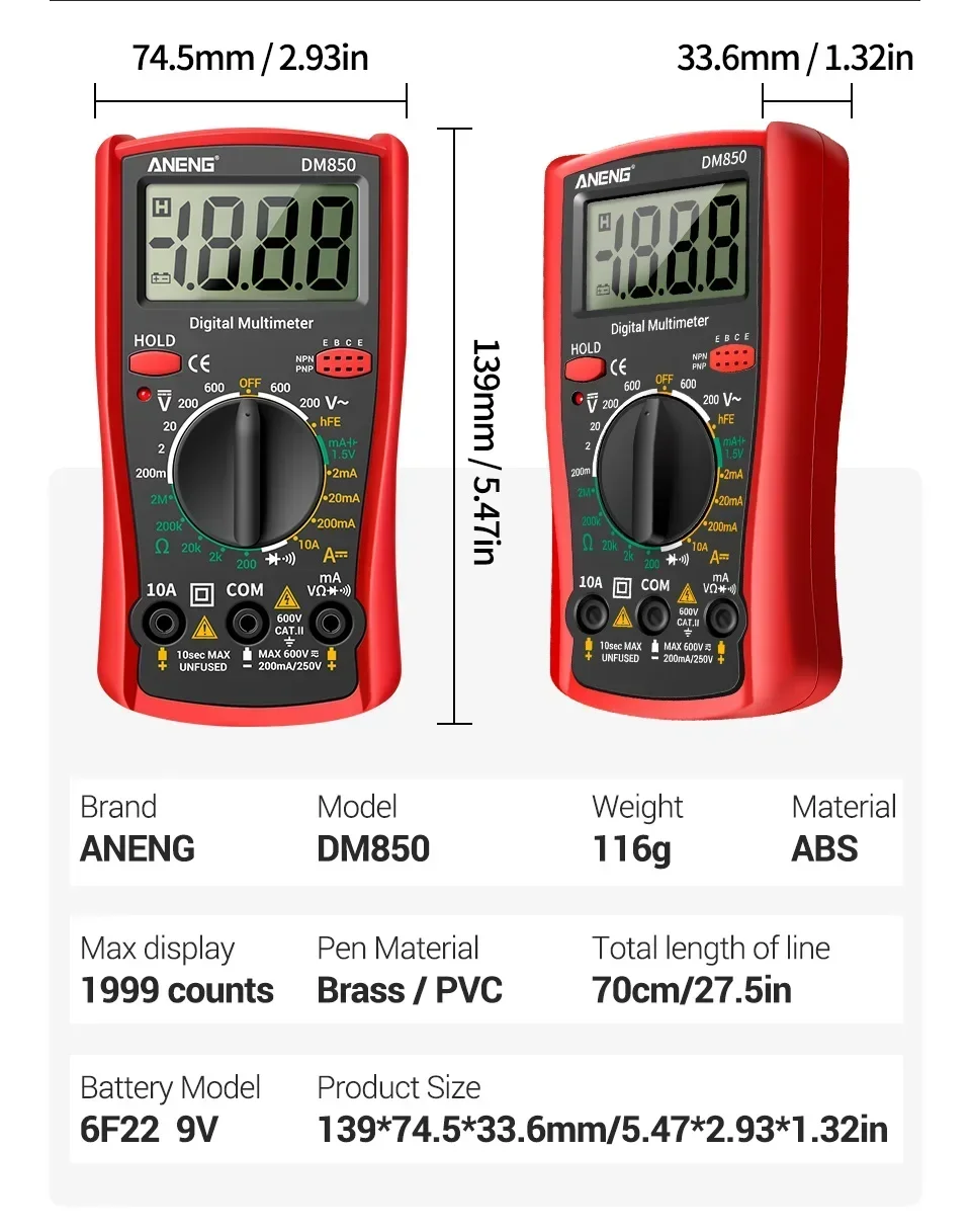 ANENG DM850 Smart Multimeter, professionelles automatisches AC/DC-Spannungsprüfgerät, 1999 Messwerte, Ohm-Amperemeter-Detektor, Widerstandsmessgerät – Detail 7