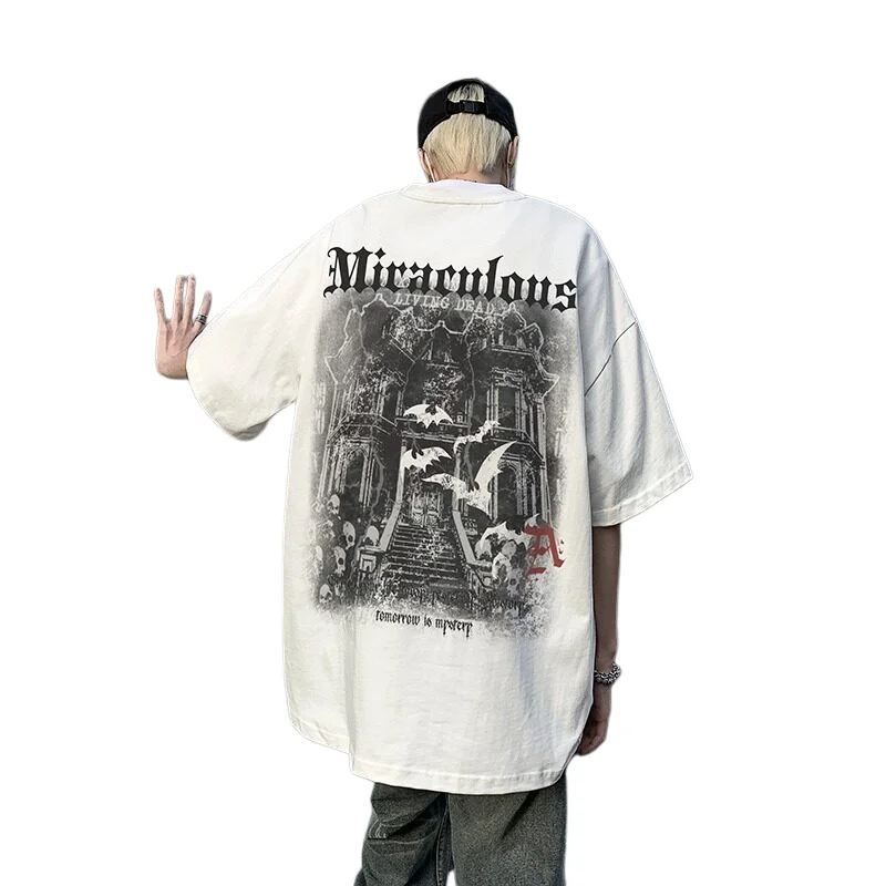 2026 Plus Size Men Vintage Dark Printed Short Sleeve T Shirt Hip Hop Unique Design Casual Loose Streetwear Tee Fit Up to 150kg