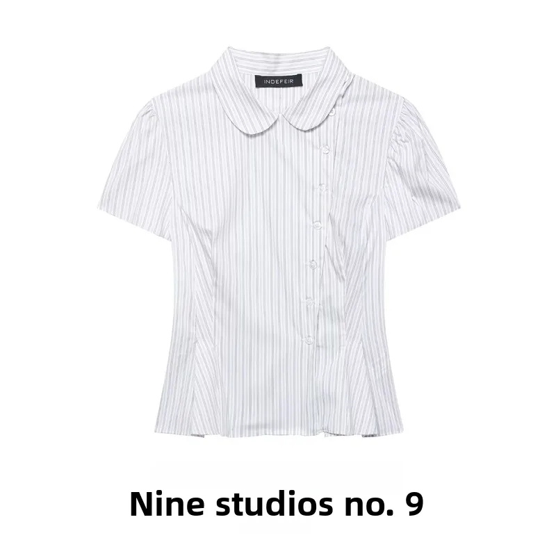 

NINE ZAR Women's Slim Fit Short Sleeve Striped Shantung Shirt round Neck Top Breathable Comfortable European Style Spring Fas...