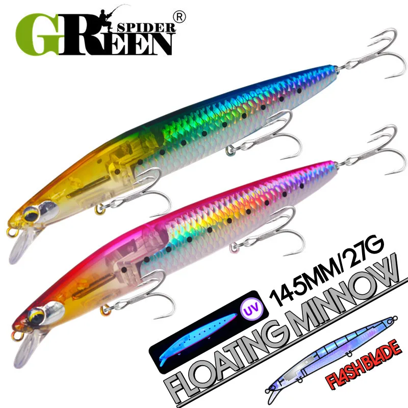 

GREENSPIDER New UV Flash Blade 145mm/27g Floating Minnow Long Casting Hard Bait Wobbler Fishing Lure Sea Bass Lure