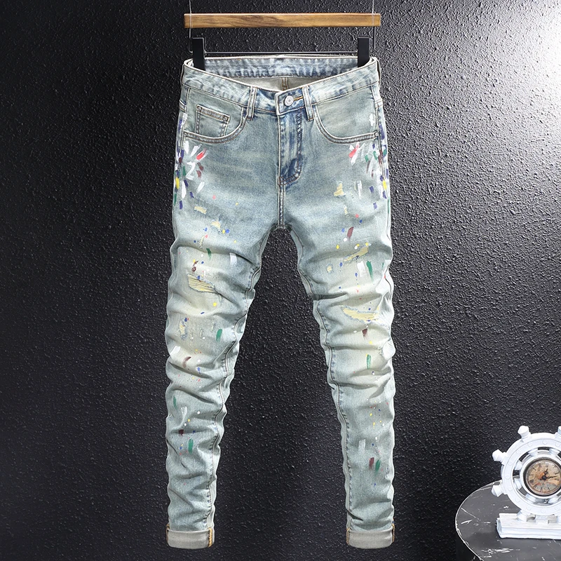 

Street Fashion Men Jeans Retro Light Blue Stretch Slim Fit Ripped Jeans Men Painted Designer Hip Hop Vintage Denim Pencil Pants